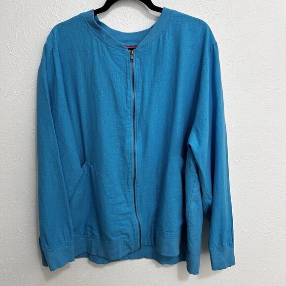 Woman Within Size 2X (18 / 20) Jacket Zipper Front Linen Rayon Blend Cyan Blue - Picture 8 of 12